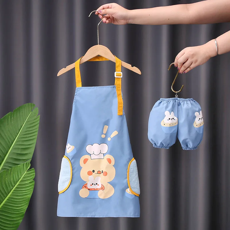 3-12Y Children Apron with Sleeve Set Waterproof Art Smock Painting Apron for Boys Girls Wipe Hands Kindergarten Child Eating Bib