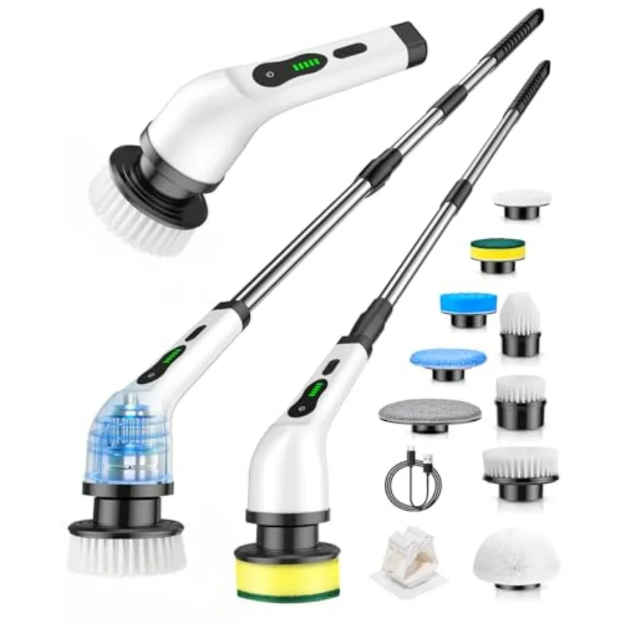 

Electric spin scrubber for bathroom tile and car cleaning, white ABS plastic with 9 replaceable heads, cordless rechargeable IP