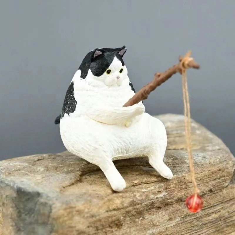R1WA Fish Paesaggio Ornamenti per gatti da pesca Mini Resina Figurina Statua del cartone animato