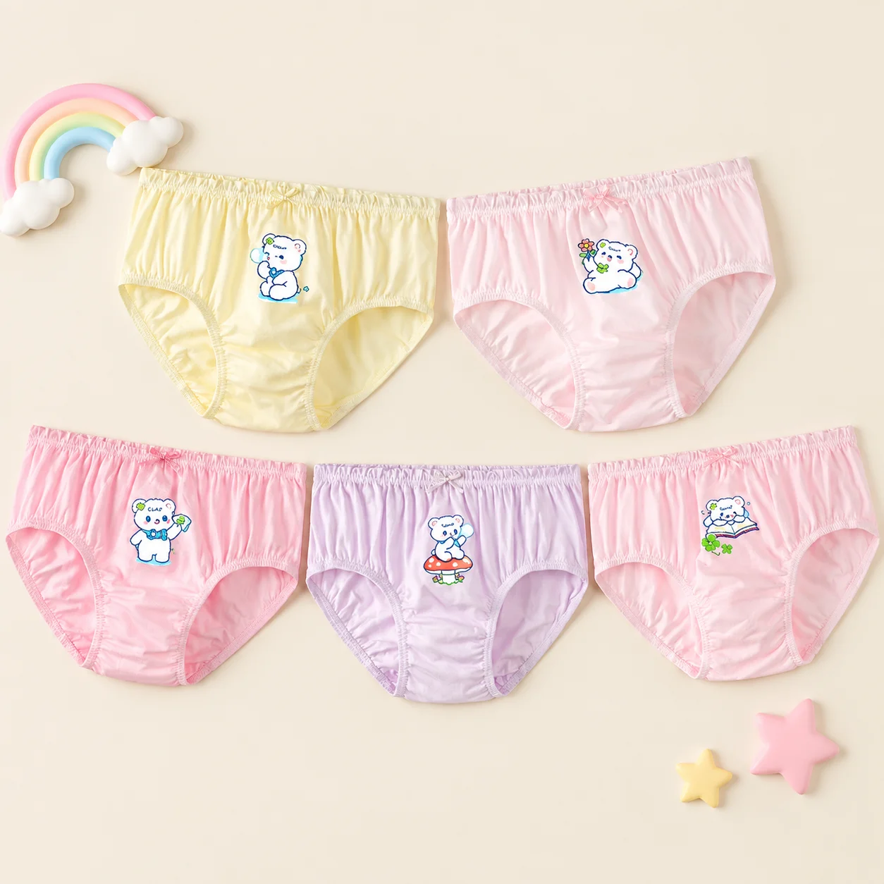5-Piece Pure Cotton Girls Panties Cute Bear Print Solid Plaid Children Triangle Underwear Comfortable Fit Breathable Girl Briefs