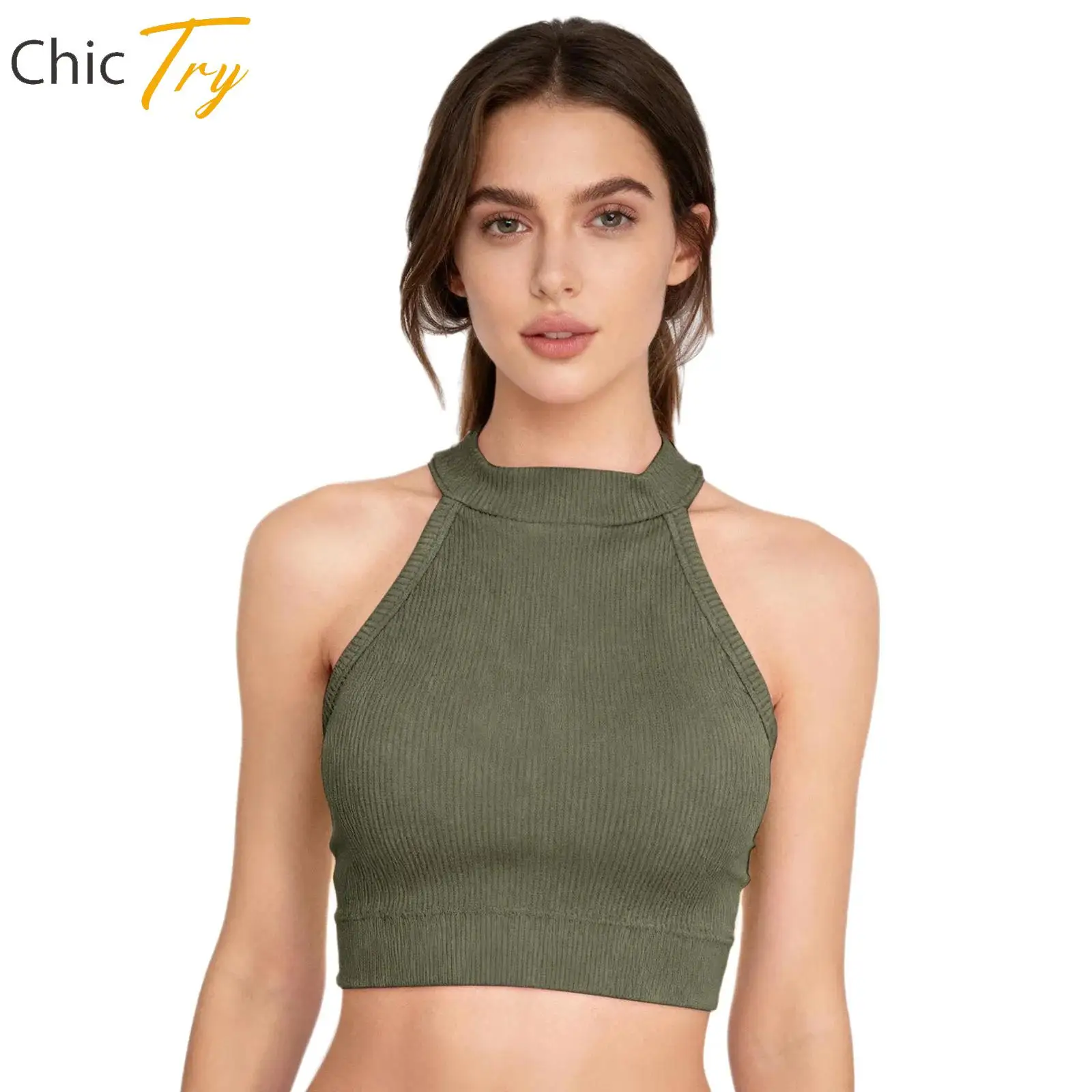 

Женский спортивный топ-халтер в рубчик с чашечками, без рукавов, укороченный, для йоги, фитнеса, бега и тренировок