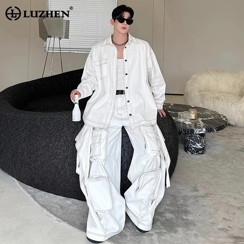 LUZHEN Denim Shirt Jacket Big Pockets Design Multifunctional Men's Wide Leg Pants Two Piece Set Handsome Streetwear 2024 LZ6984