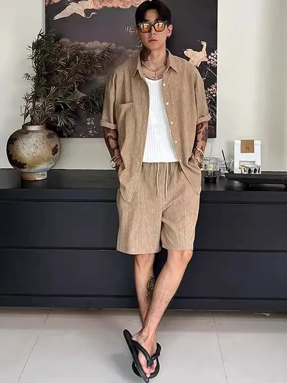 Summer New Men's Casual Loose Short Sleeve Shirt Wrinkles Texture Old Money Style Fashionable Top Thin Material No Ironing Re...