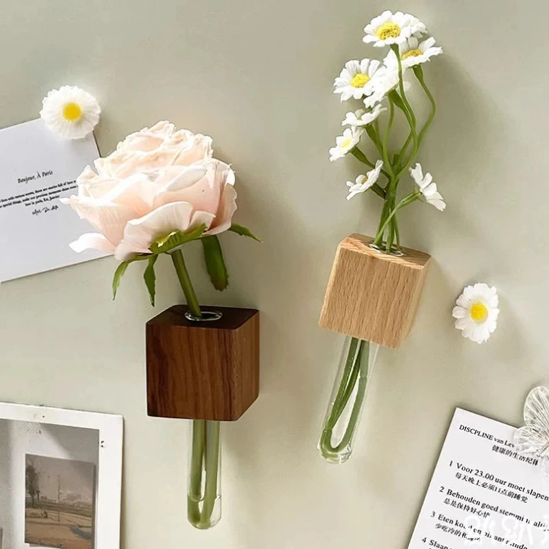 مزهرية أنبوب اختبار مغناطيسي خشبي للثلاجة يمكنك صنعها بنفسك تشكيلة زهور محاكاة حامل زهور ديكور قوي لثلاجة المطبخ #5