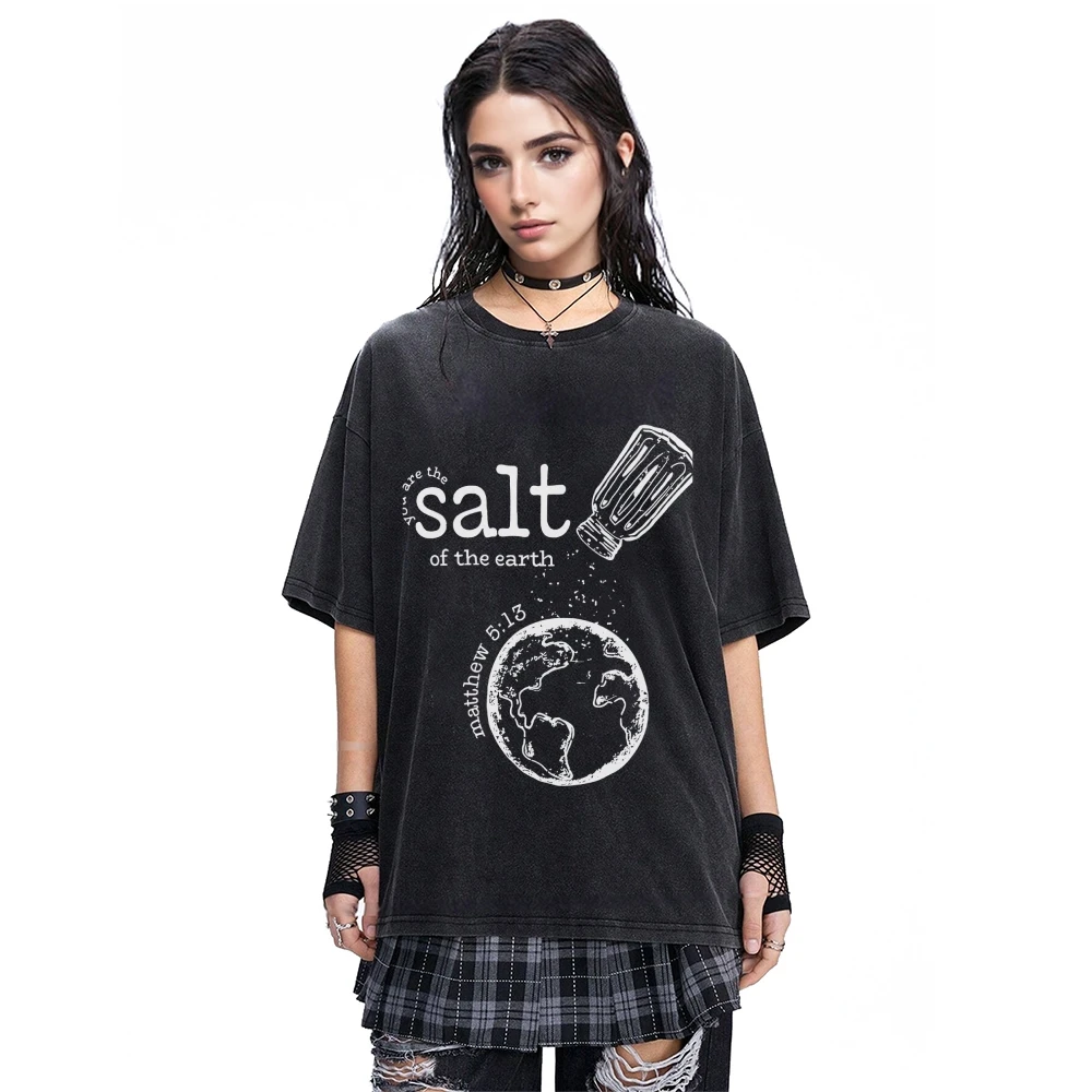 

Salt Earth Tee Inspirational Salt Shaker Globe Print Casual Loose Short Sleeved Summer Faith Based Meaningful Comfortable Top
