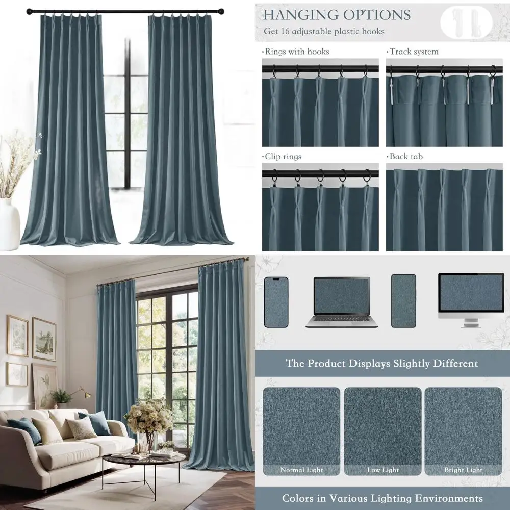 

Luxury Slate Blue Velvet Curtains, 84 Long, Soft Pinch Pleat, Darkening Drapes for Living Room, 2 Panels, W40 x L84