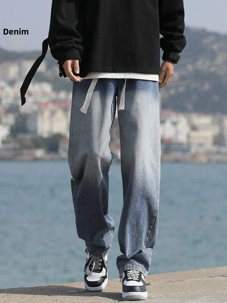 

Blue Men's Jeans Spring Summer American Hiphop adient Dstring Wide Leg Pants Versatile High Street Straight Leg Long Pants