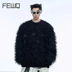 FEWQ Solid Color Round Neck Sweatshirt Metal Ring Design Loose Top 2024 Solid Color Streetwear Long Sleeve Male Tops 24E5191