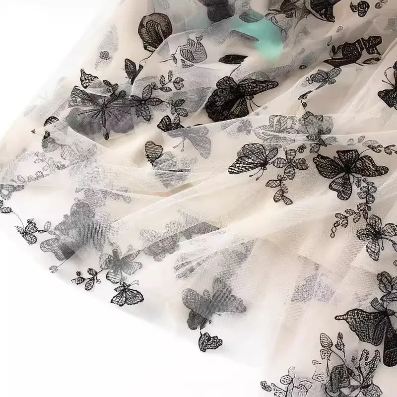 Lente Zomer Nieuwe Hoge Taille A-lijn Vlinder Borduren Mesh Lange Rok Vrouwen 2025, Drielaagse Stof Tule Casual Faldas