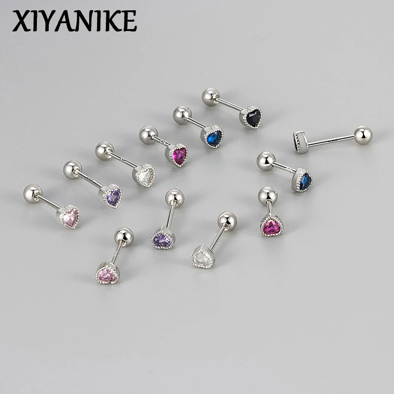 

XIYANIKE Coloured Zircon Heart Ear Screw Stud Piercing Earrings For Women Sweet Fashion New Jewelry Valentine's Day Gift Party