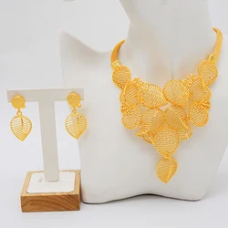 Dubai 24K Golden Plated Necklace Earring Set African Women's Wedding Queue Jewelry Set Accessories