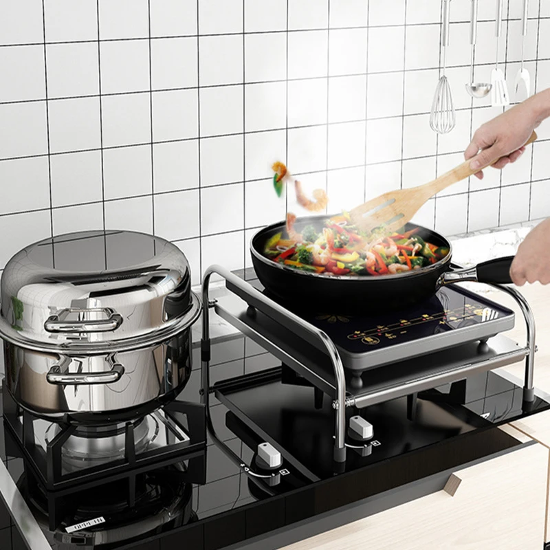 Kitchen Stainless Steel Induction Cooker Rack Floor Mounted Multifunctional Shelf Gas Stove Support Kitchen Accessories.