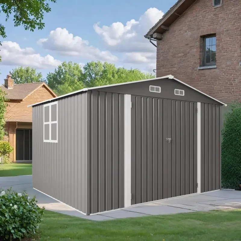 

10x8 FT Outdoor Metal Storage Shed, Lockable Door, Air Vent, Clear Window, Ideal for Bikes, Tools, Lawnmowers, Backyards,