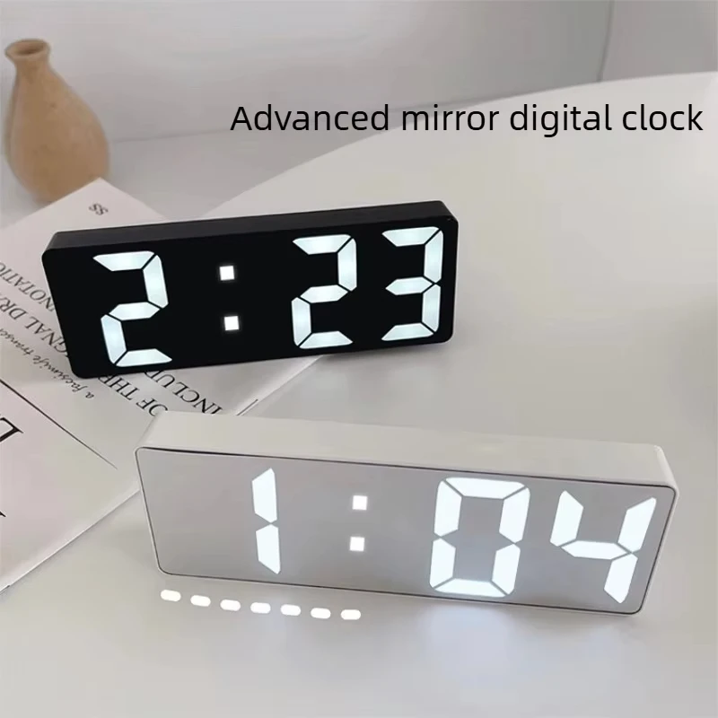 LED Mirror Digital Alarm Clock Silent Electronic Desktop Luminous Student Bedside Ornament Black White