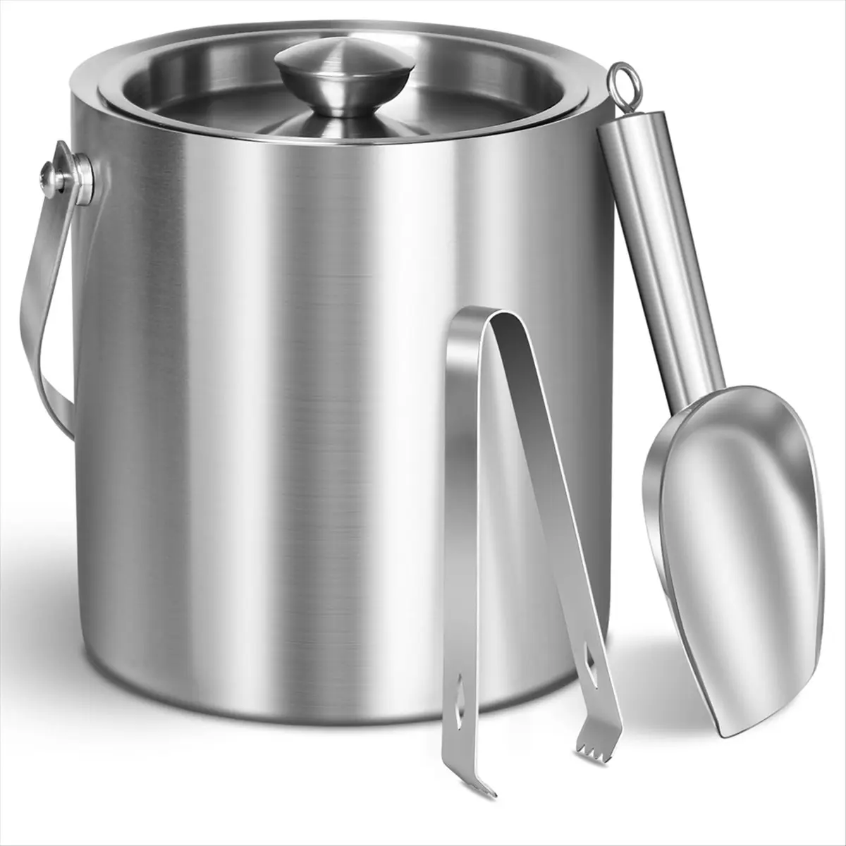 New Ice Bucket with Lid & Tong- Well Made Insulated Stainless Steel - Ideal for Cocktail Bar, Parties, Chilling Wine, 2L