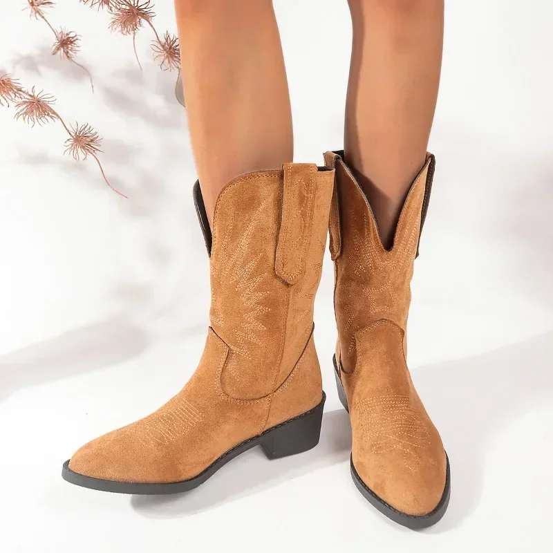 

2024 Size 35-42 Retro Pointed Toe Suede Leather Modern Short Boots Women Shoes Brown Western Cowboy Slip-On Coarse Heeled Boot