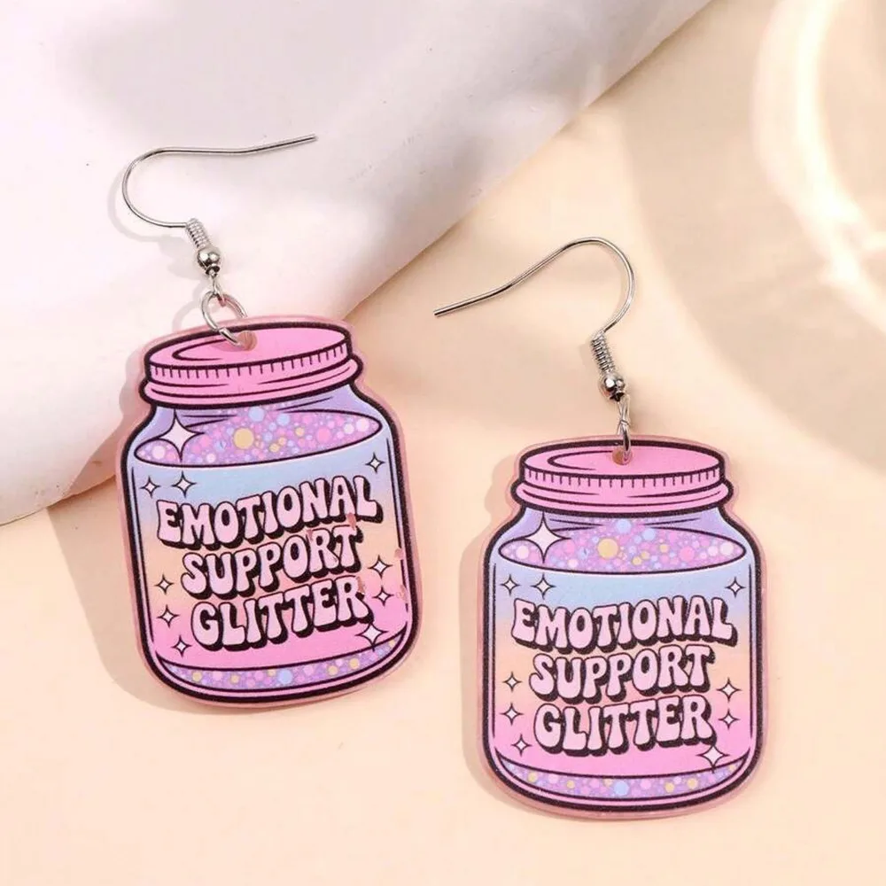 Emotional Support Glitter Jar Acrylic Dangle Earrings 2D Acrylic Funny Cute Pink Bottle Earrings for Women Jewelry Accessories