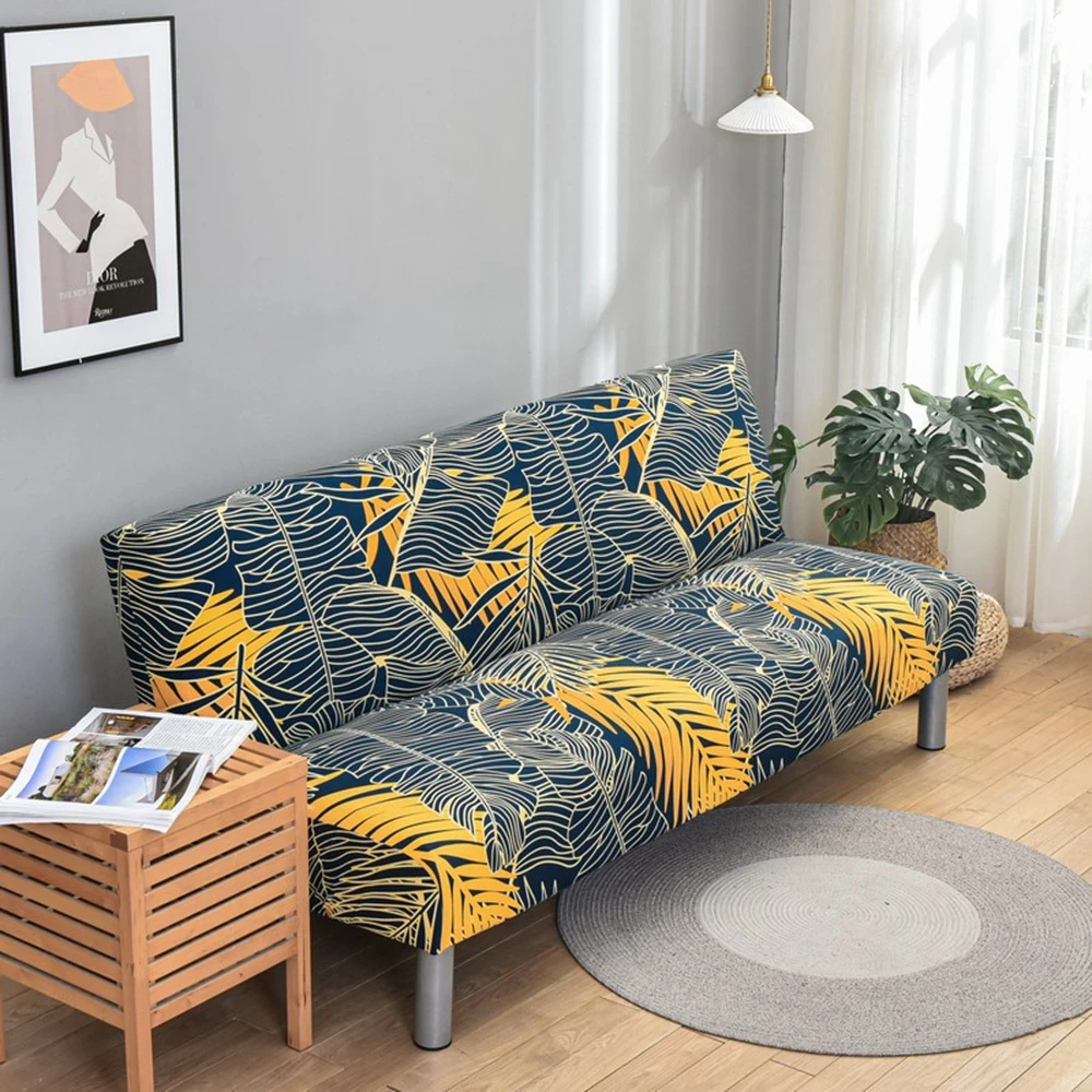 Folding Sofa Bed Cover without Armrest Elastic Decorative Seat Furniture Couch Cover Living Room Print Leaves