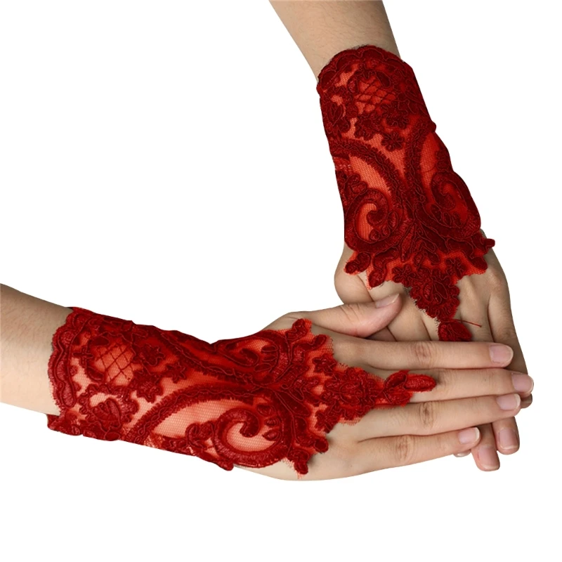 28TF Wedding Party Embroidery Lace Bracelet Medieval Finger Anti-slip Glove for Woman