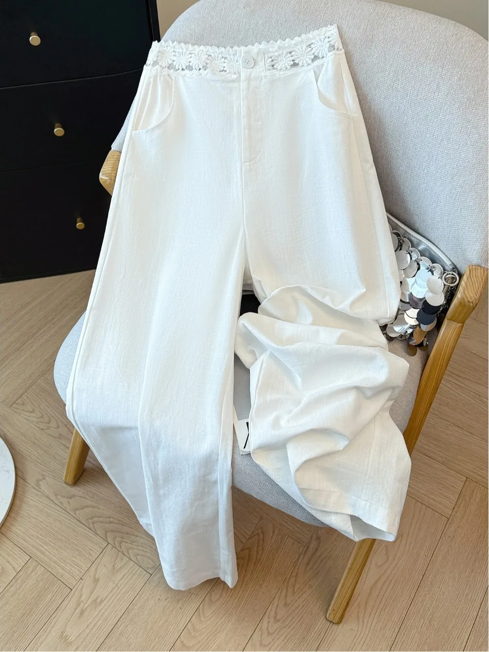 

White Lace Hollow Floral Linen High Waist Casual Pants plus Size Women's Summer Slimming Drapey Wide Leg Pants