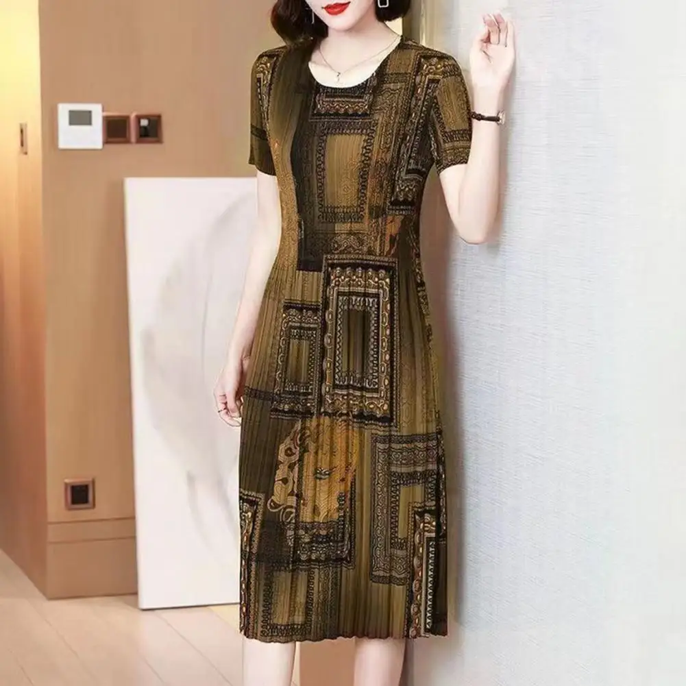 Printed Dress Vintage Print Knee Length Midi Dress for Mid-aged Women Slim Fit Office Prom Party Dress with Short Sleeves