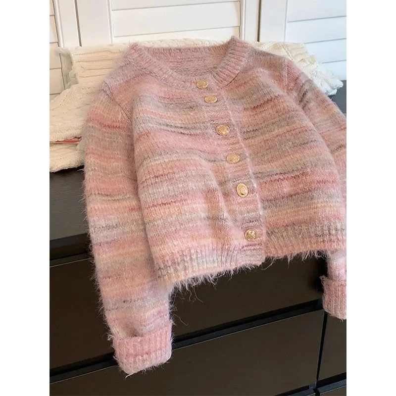

Fashionable Pink Short Striped Sweater Jacket for Women in Autumn and Winter Thickened Inner Sweater Cardigan