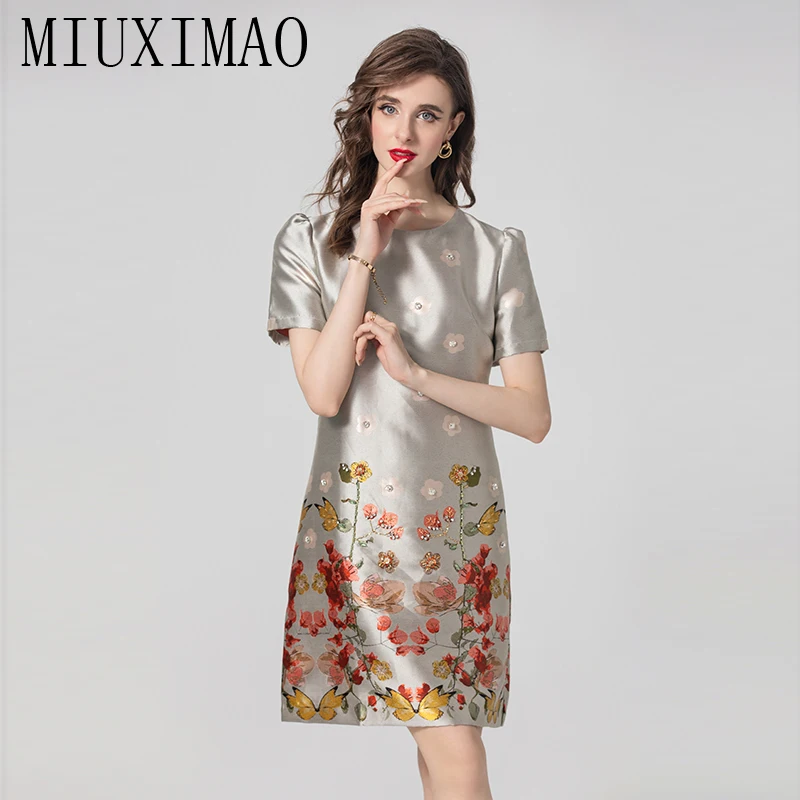 MIUXIMAO 2024 Fashion Royal Luxury Jacquard Summer Women's Dresses Butterfly  Floral Diamonds Office Lady A-LINE Mini Dress