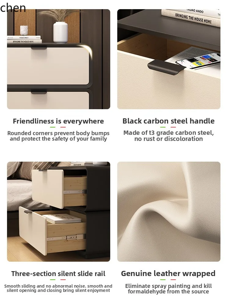 طاولة بجانب السرير من الخشب الصلب HT لغرفة النوم المنزلية بتصميم كريمي وخزانة تخزين حديثة وبسيطة بجانب السرير