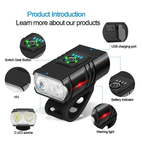 Imagen 2 del producto Luz LED para bicicleta T6 recargable por USB, 6 modos, faro delantero para bicicleta de montaña, linterna, lámpara para ciclismo para seguridad de conducción nocturna