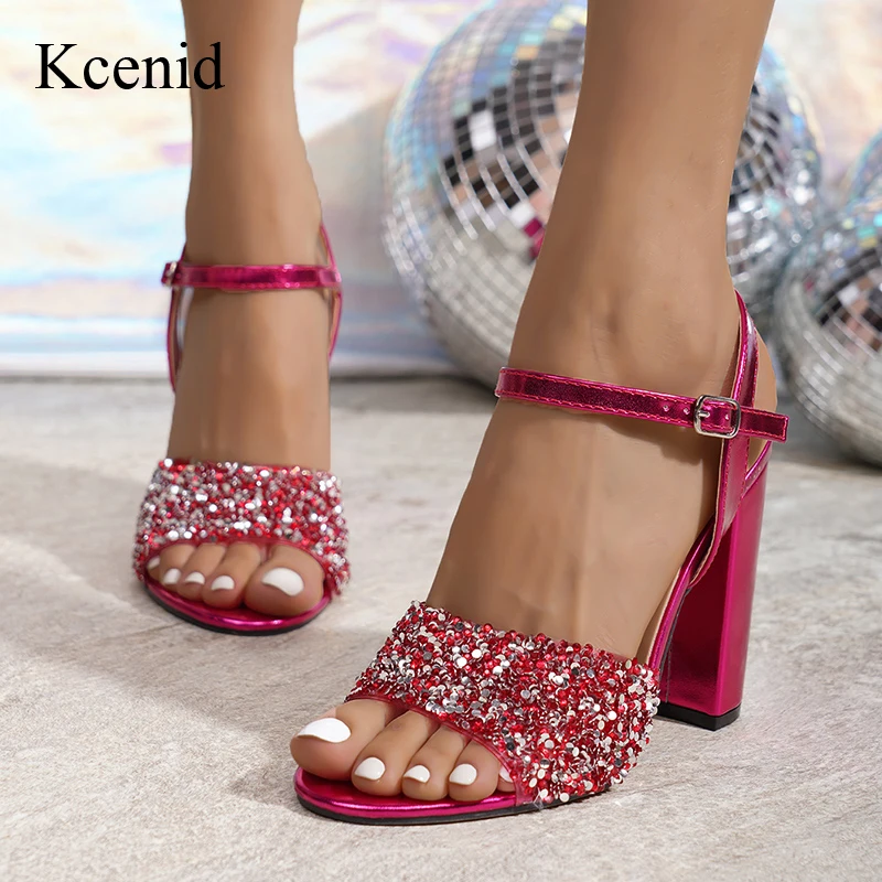 Kcenid Summer Fashion Square Heel Sandals Street Style Peep Toe Sandals Sexy Rose CRYSTAL Rhinestone Ankle Strap Wedding Shoes