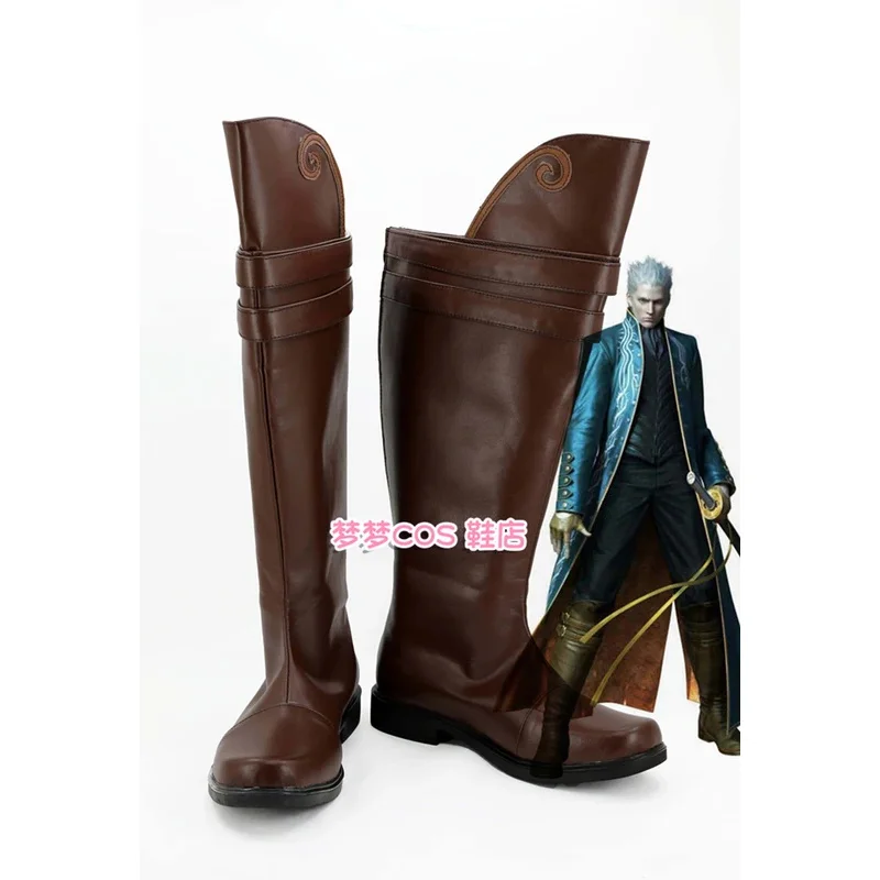 

Vergil Cosplay Shoes Dark Brown Long Boots For Halloween Christmas Party