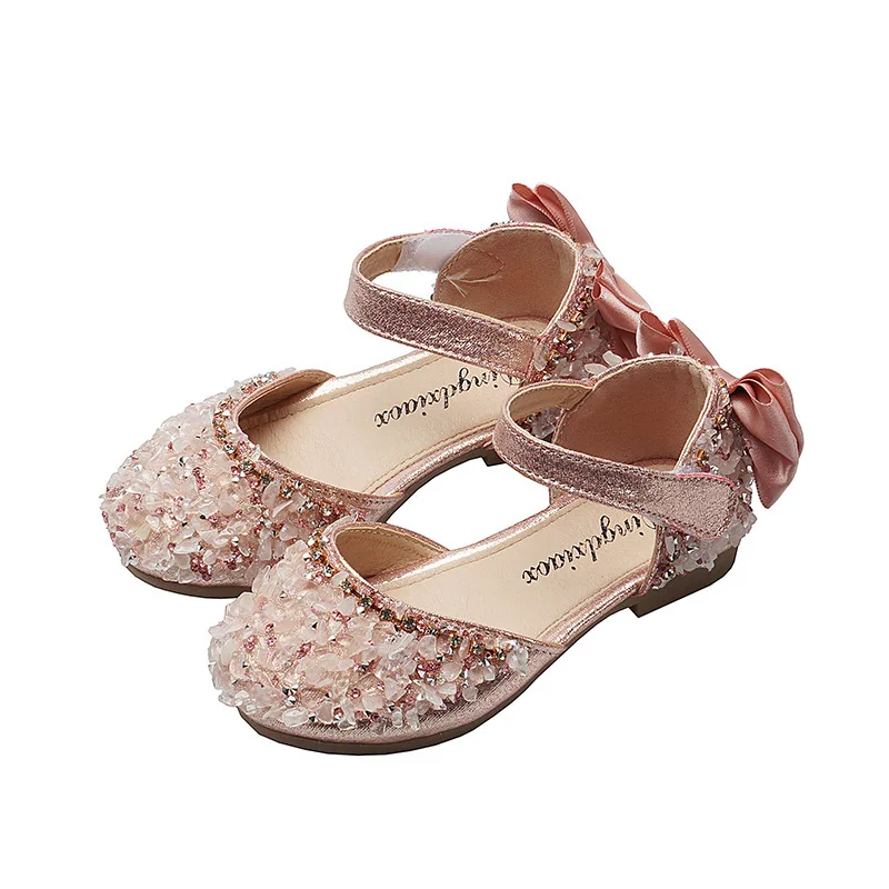 New Kids Leather Shoes Girls Wedding Shoes Children Princess Sandals Sequins Bow Girls Casual Dance Shoes Flat Sandals