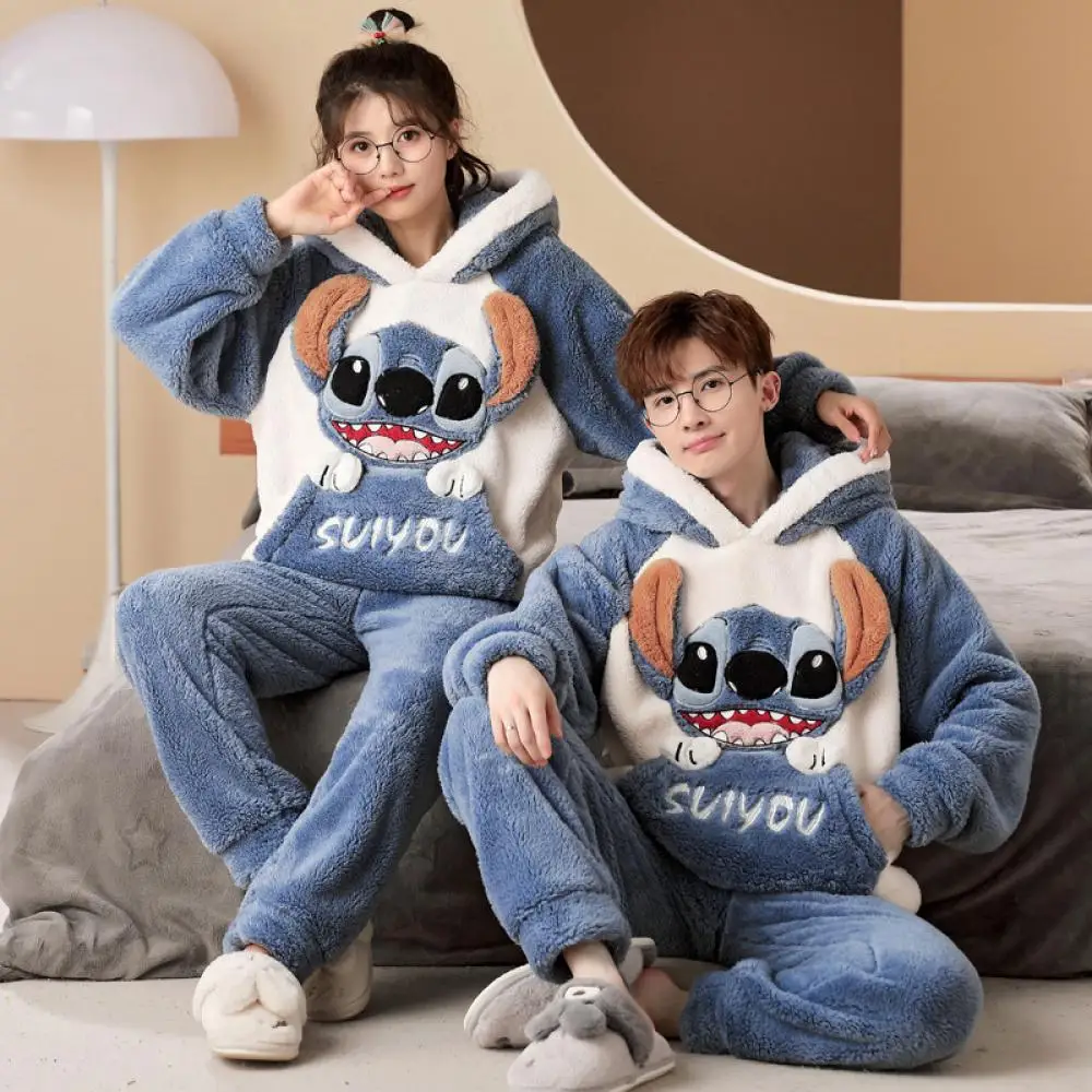 

Зимний пижамный комплект с героями мультфильмов, коралловый флис, мужской и женский фланелевой пижамный комплект с длинными рукавами и капюшоном Диснея, толстый теплый домашний костюм для пары