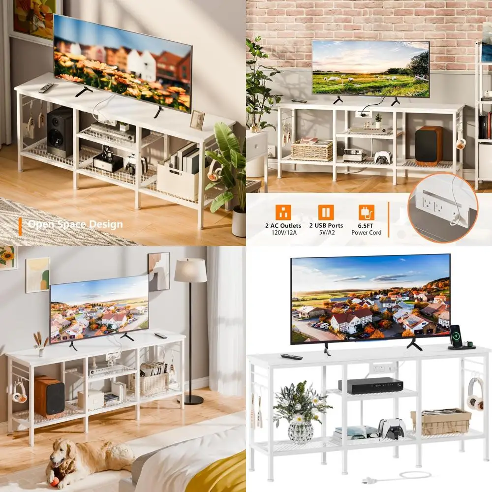 

White TV Stand with Power Outlets and Open Shelves, Entertainment Center for TVs up to 55, Media Console Table with Soundbar Spa