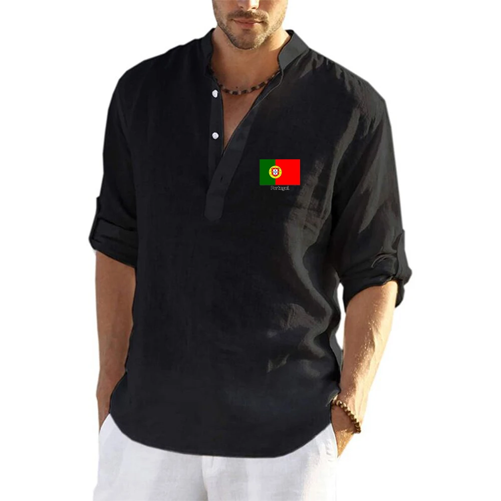 2026 Portugal Flag Spring Autumn Men's New Football Team Print Classics Versatile Solid Color Linen Cotton Long-sleeved Shirt