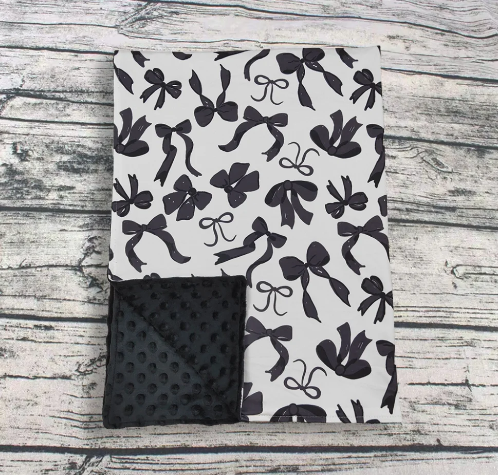 

Оптовая продажа, детское тонкое одеяло для маленьких девочек, детское постельное белье с черными бантами, флисовое фланелевое бутиковое одеяло для девочек