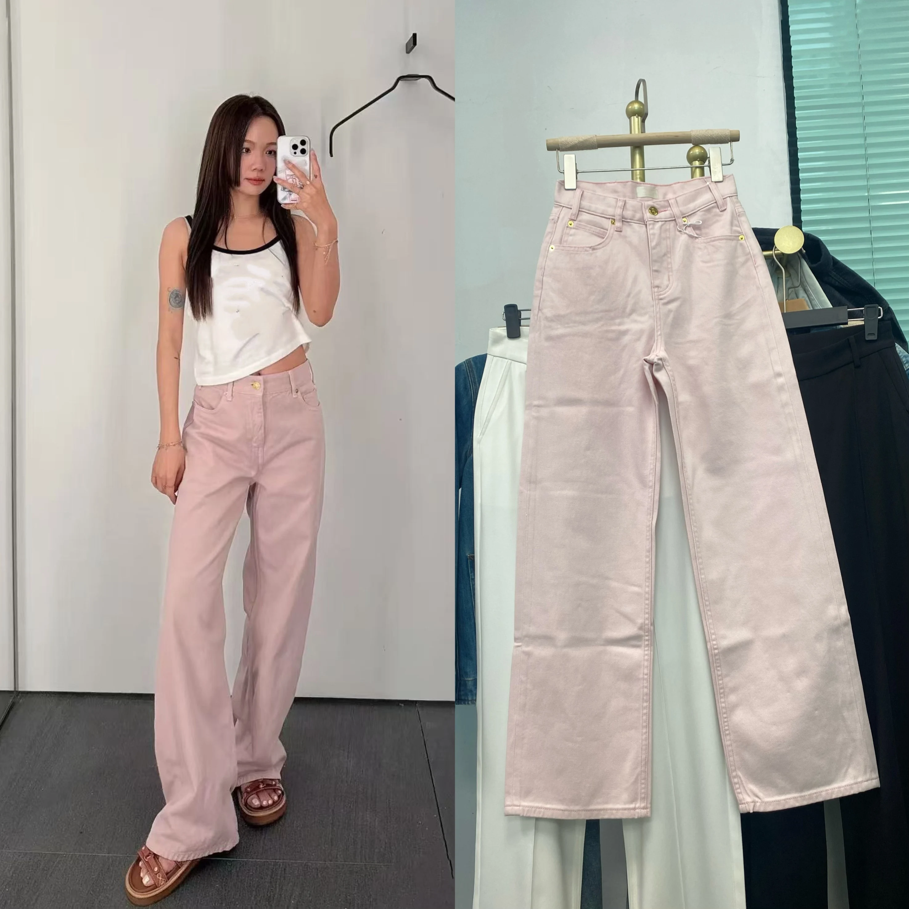 

High Waist Straight Leg Pink Denim Jeans Women's Casual Wide Leg Pants Spring 2026 Comfortable Breathable Pure Cotton Jeans