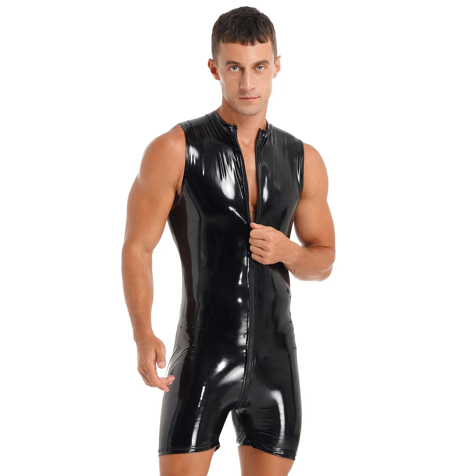 Mens Lingerie Wet Look Zipper Latex Bodysuit Sleeveless Patent Leather Leotard Bodycon Jumpsuits Club Pole Dancing Costume