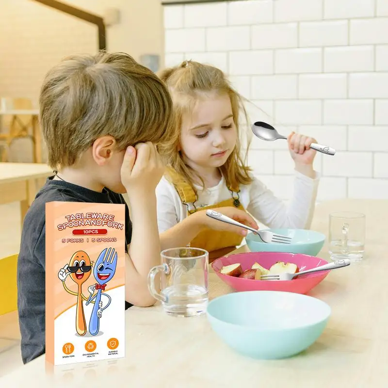 Kids Forks and Spoons Kitchen Silverware Sets Easy Grip Dinosaur Engraved Tableware Stainless Steel 5 Forks and 5 Spoons