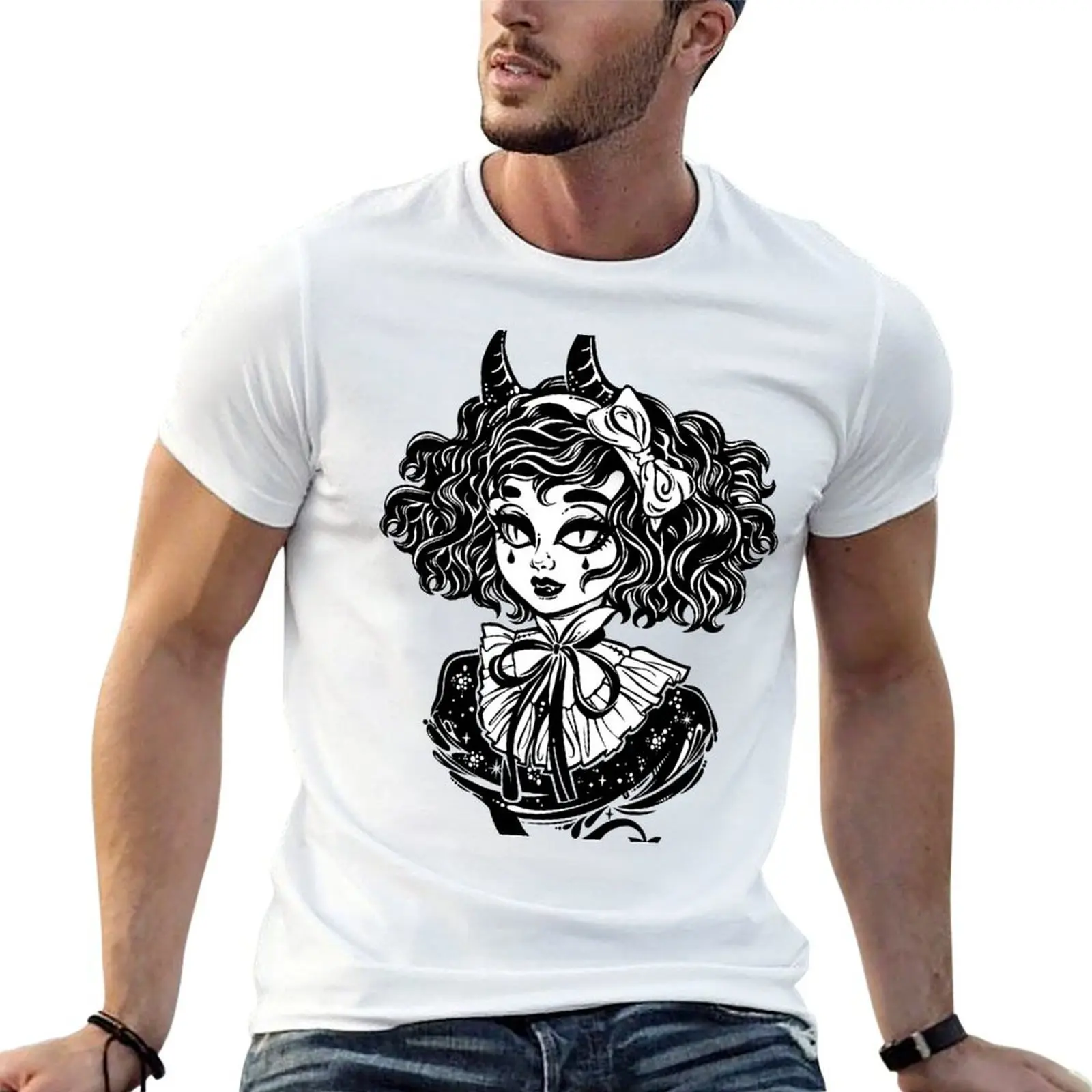 Gothic Victorian demonic girl head portrait with imp horns and curly hair and strange eyes. T-Shirt