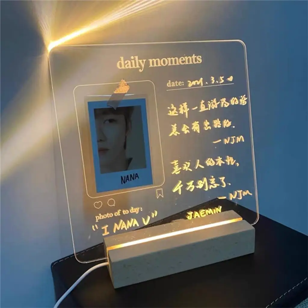Message Board Acrylic USB Lamp Memo Notepad Message Board With Wooden Base Holder Desktop Decoratioin Night Light