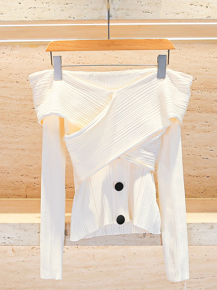 

Ele Ivory One-oulder Knitted Sweater Chic Sle Commute Faion Simple Design Long Sve ort Length Button Detail
