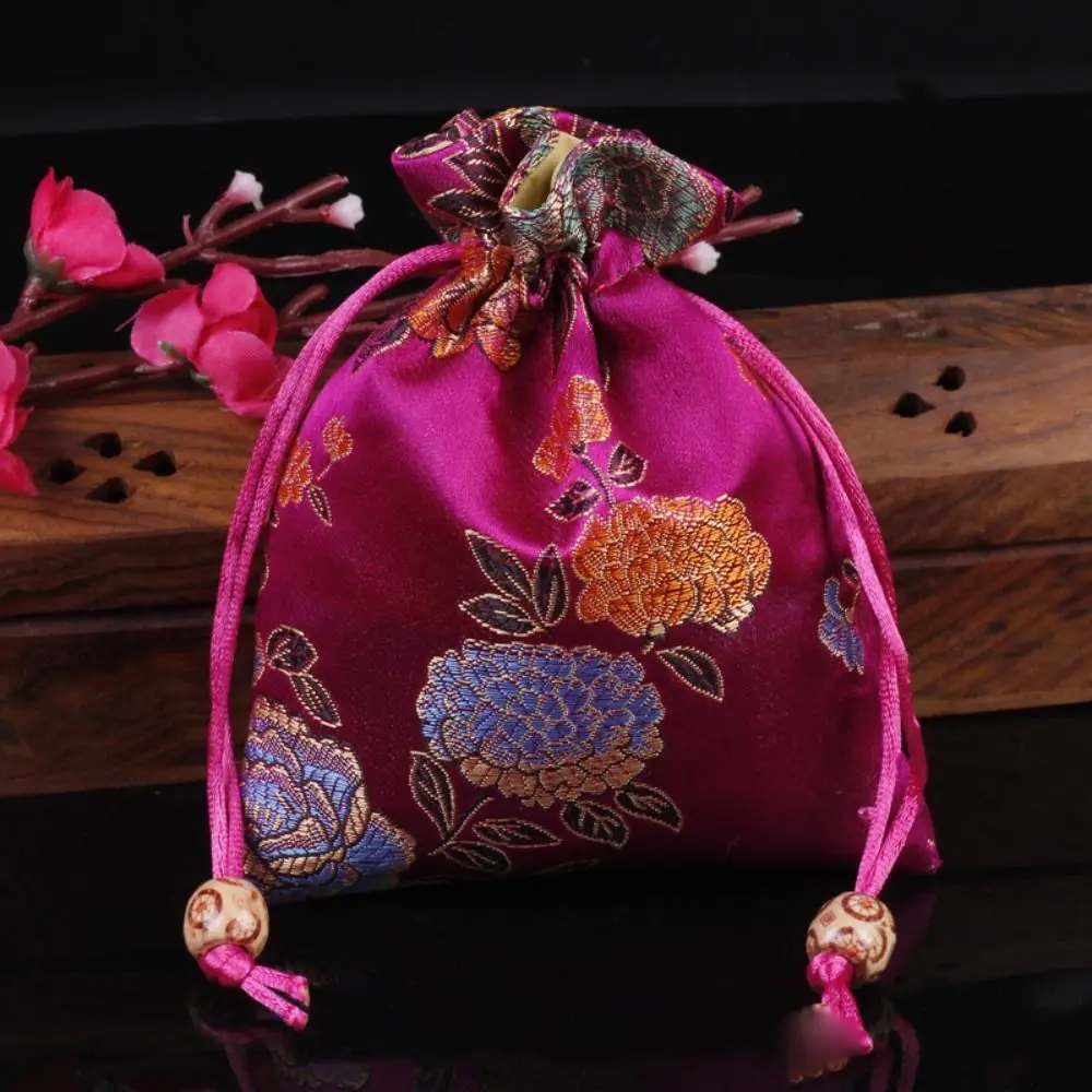 Chinese Style Embroidery Flower Drawstring Bag Candy Bag Coin Purse Jewelry Packing Bag Ethnic Style Floral