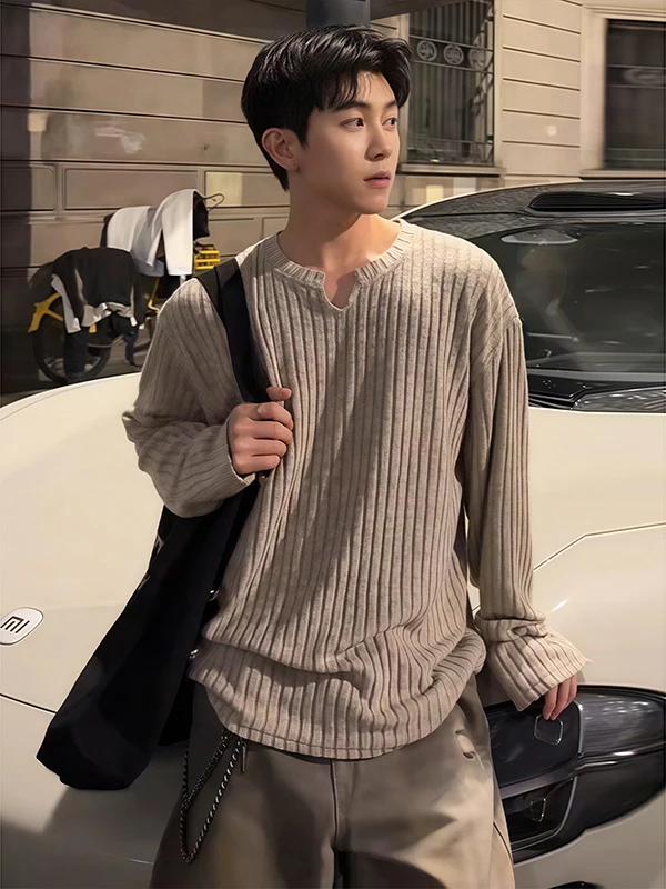 

Мужская трикотажная футболка с V-образным вырезом и длинным рукавом, свободного кроя, базовая, в американском ретро-стиле, повседневная, удобная, для ношения под одеждой.