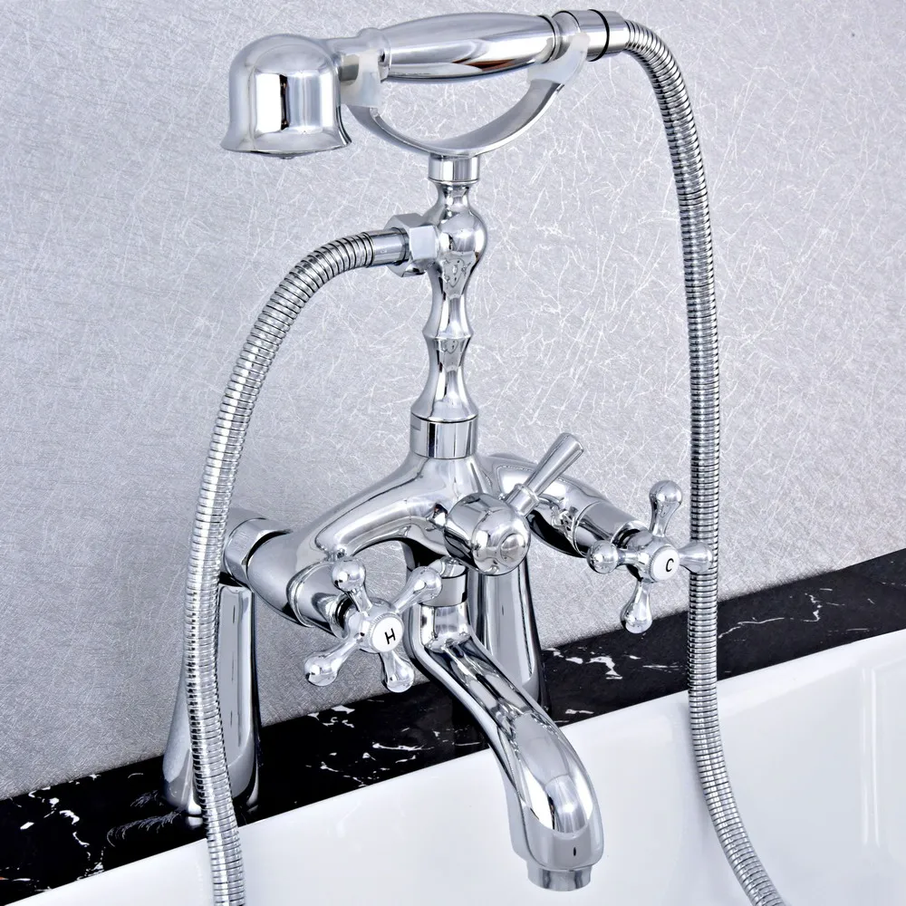 Polished Chrome Deck Mounted Dual Handles Bathtub Faucets with Hand Shower Telephone Type Bath Shower Faucet Ntf751