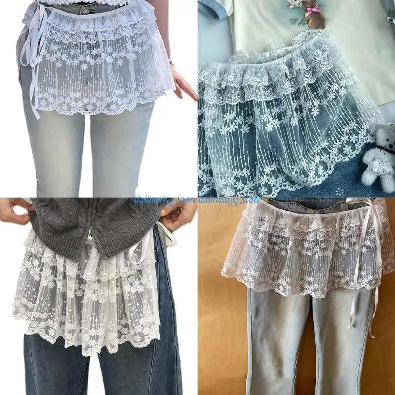 573B Women Sheer Mini Apron Half Skirt Flower Lace Hip Covering Mesh Scarf Overskirt