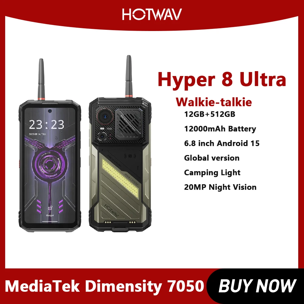 HOTWAV Hyper 8 Ultra Walkie-talkie Telefone robusto Android 1512GB + 512GB 6,8 polegadas MediaTek MT8791 Dimensidade 7050 5G NFC Smartphone