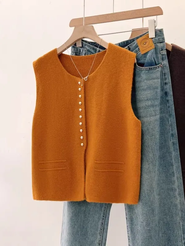 Pumpkin Orange Knitted Open Cardigan Vest Women's plus Size Autumn New Style Layering Sensation Fashionable Sleeveless Top