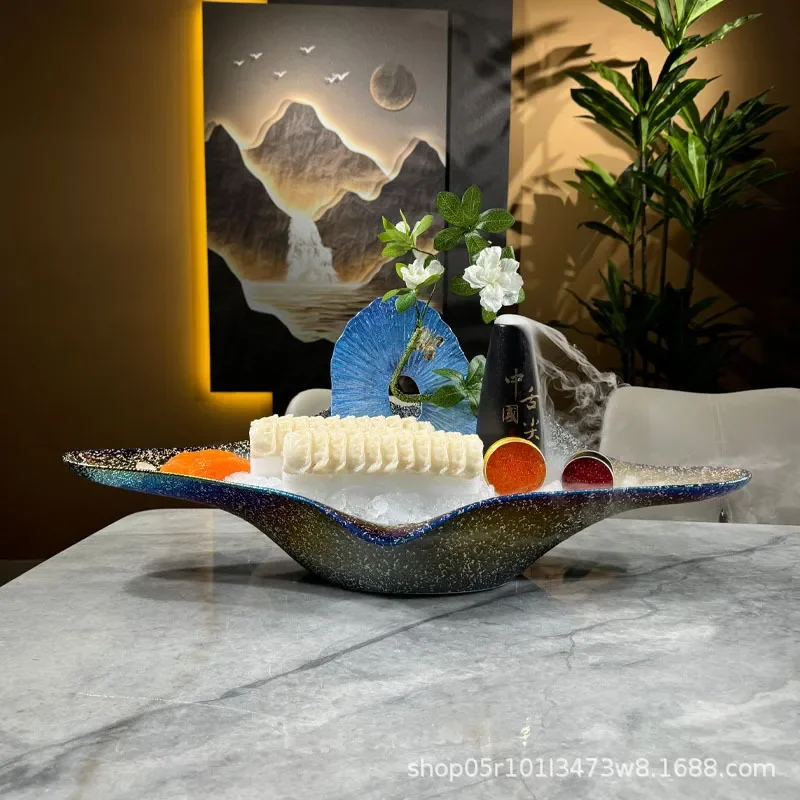 Japanese Style Ceramic Sashimi Plate Creative Seafood Dish for Salmon Sushi Serving Platter Hot Pot Side Plate Dinnerware