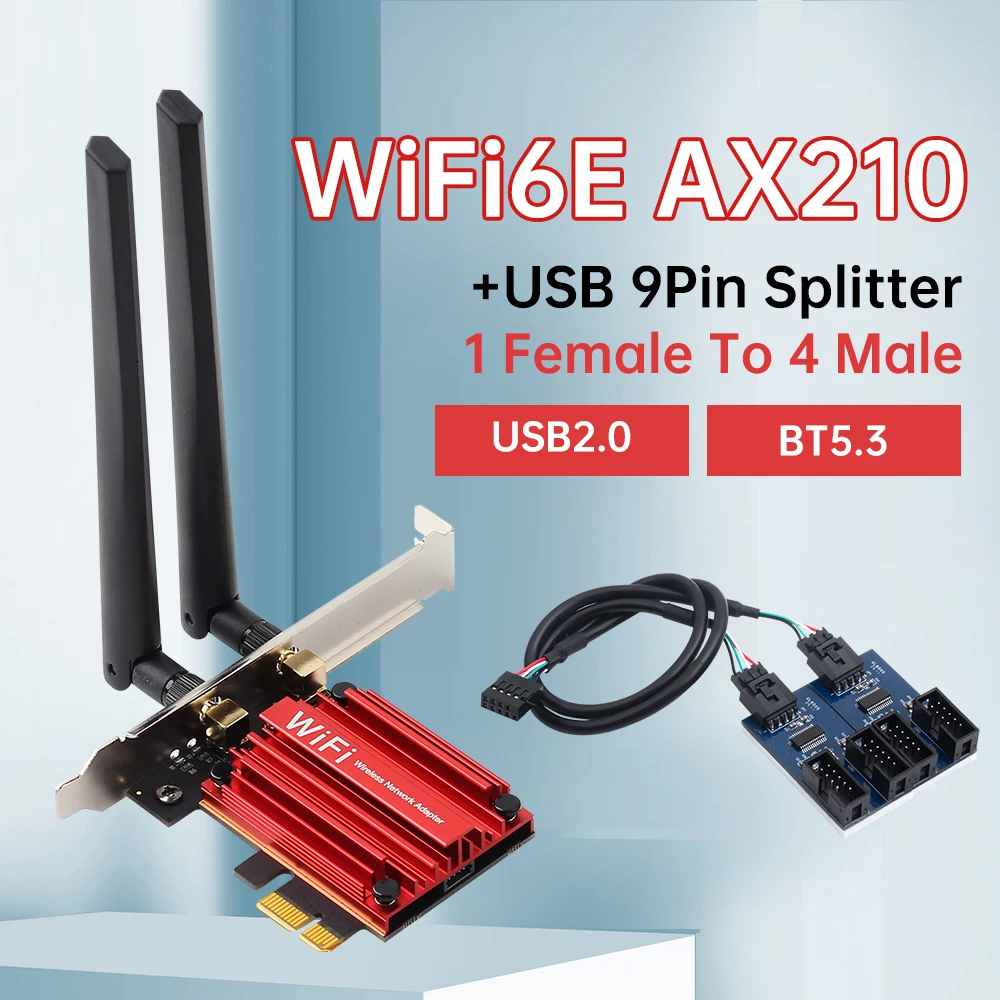 

DERAPID AX210 WiFi 6E PCIE WiFi-адаптер BT 5,3 трехдиапазонный с USB2.0 9-контактный разветвитель Интерфейс материнской платы Удлинительный кабель-адаптер